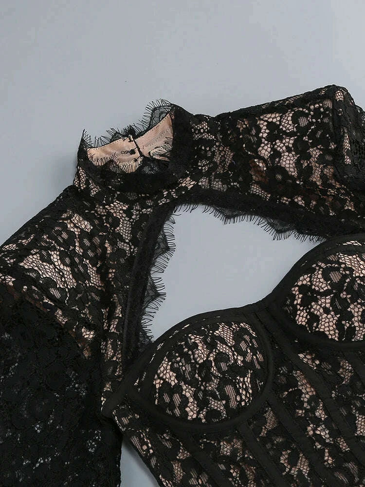 Sexy Long Sleeve High Neck Cut Out Lace Mini Dress Women Elegant Black Backless Bodycon Dresses Celebrity Evening Party Gowns