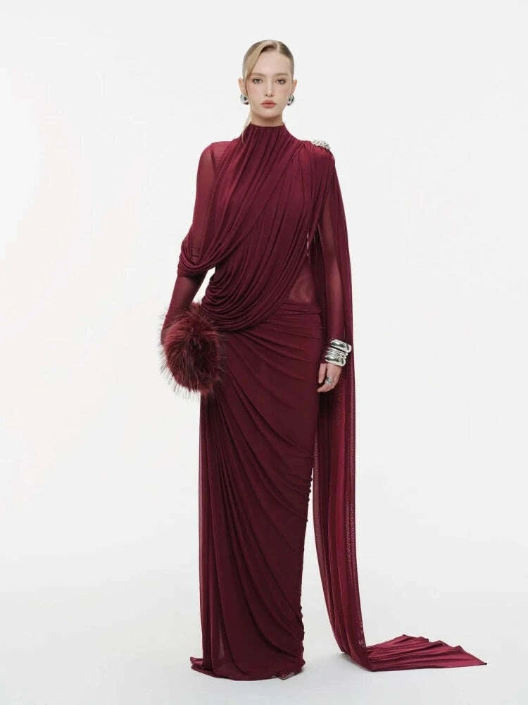 Sexy Long Sleeve O Neck Pleated Draped Long Dress Women Burgundy Mesh Patchwork Folds Slim Runway Celebrity Evening Party Gowns