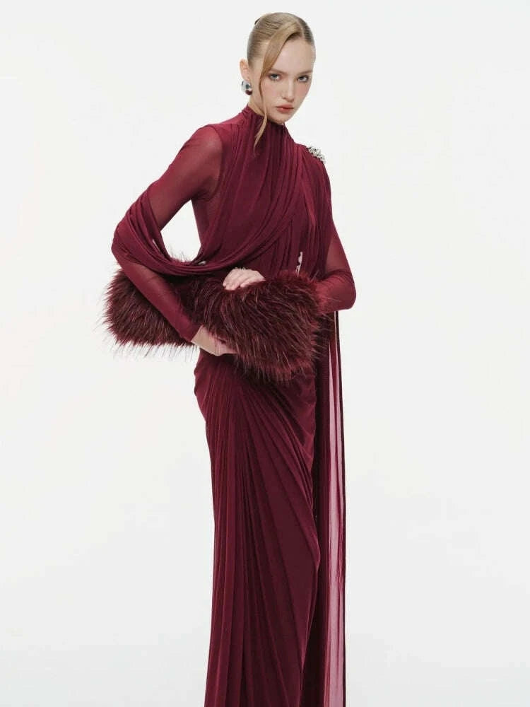 Sexy Long Sleeve O Neck Pleated Draped Long Dress Women Burgundy Mesh Patchwork Folds Slim Runway Celebrity Evening Party Gowns