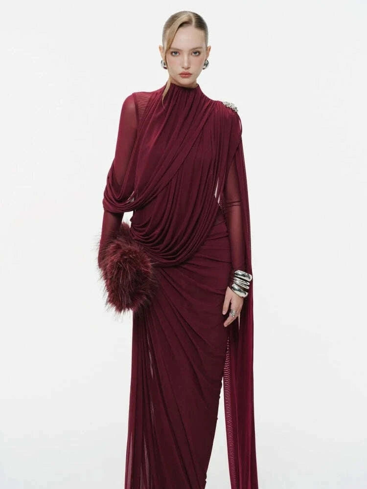 Sexy Long Sleeve O Neck Pleated Draped Long Dress Women Burgundy Mesh Patchwork Folds Slim Runway Celebrity Evening Party Gowns