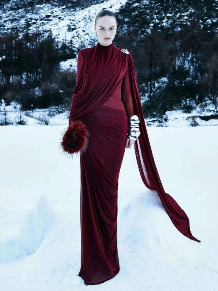 Sexy Long Sleeve O Neck Pleated Draped Long Dress Women Burgundy Mesh Patchwork Folds Slim Runway Celebrity Evening Party Gowns