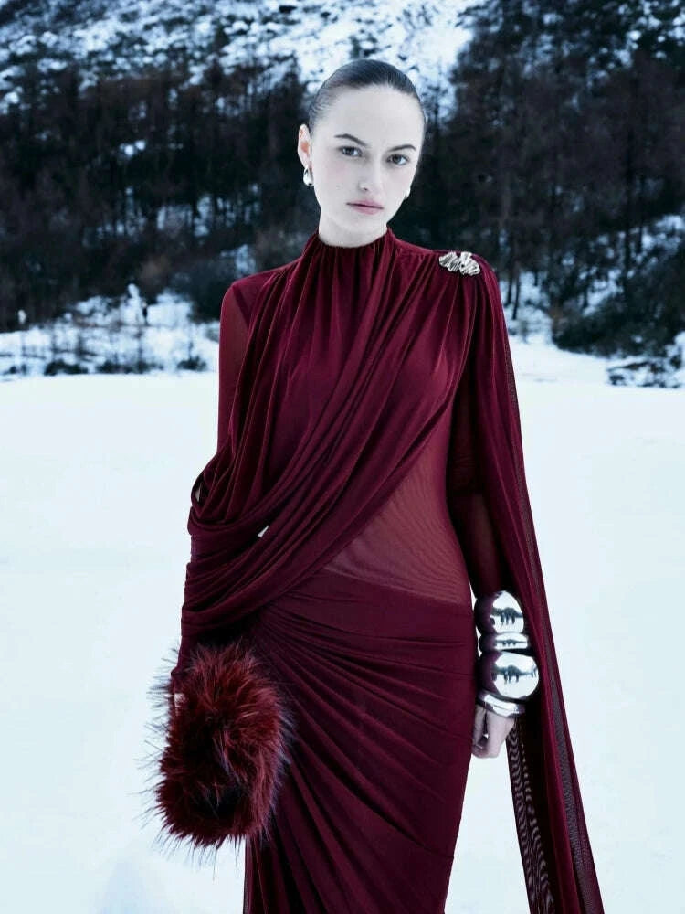 Sexy Long Sleeve O Neck Pleated Draped Long Dress Women Burgundy Mesh Patchwork Folds Slim Runway Celebrity Evening Party Gowns