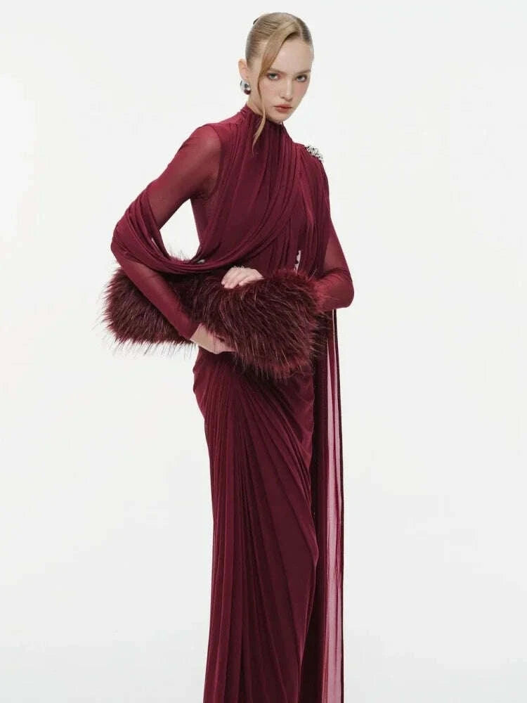 Sexy Long Sleeve O Neck Pleated Draped Long Dress Women Burgundy Mesh Patchwork Folds Slim Runway Celebrity Evening Party Gowns