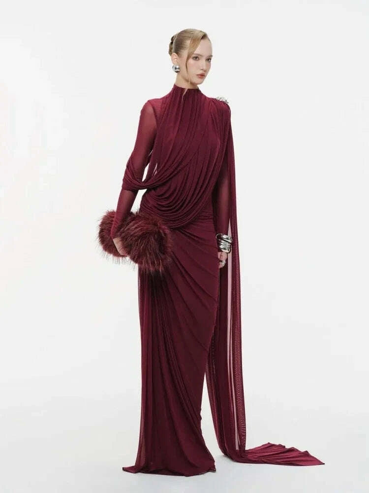 Sexy Long Sleeve O Neck Pleated Draped Long Dress Women Burgundy Mesh Patchwork Folds Slim Runway Celebrity Evening Party Gowns