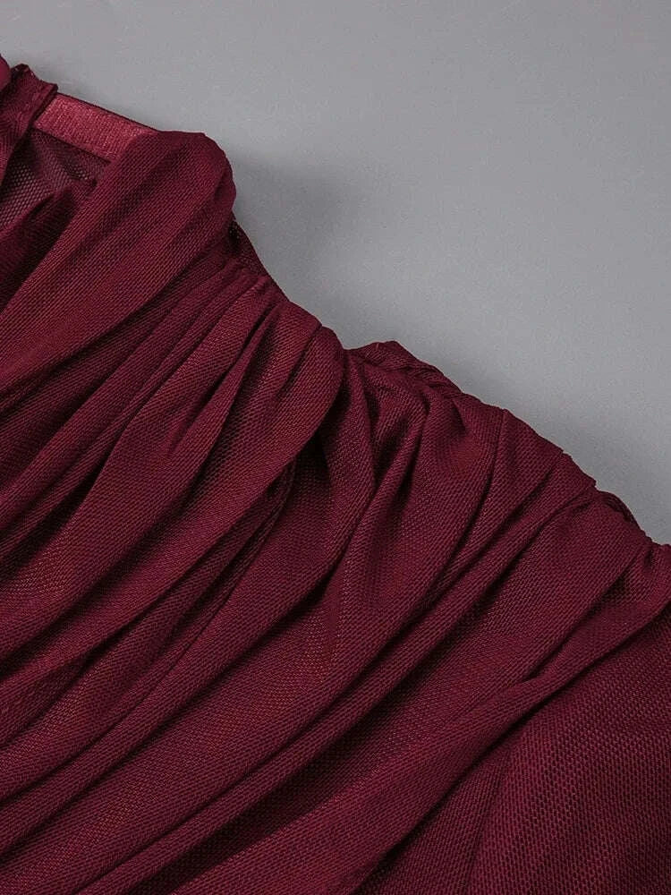 Sexy Long Sleeve O Neck Pleated Draped Long Dress Women Burgundy Mesh Patchwork Folds Slim Runway Celebrity Evening Party Gowns