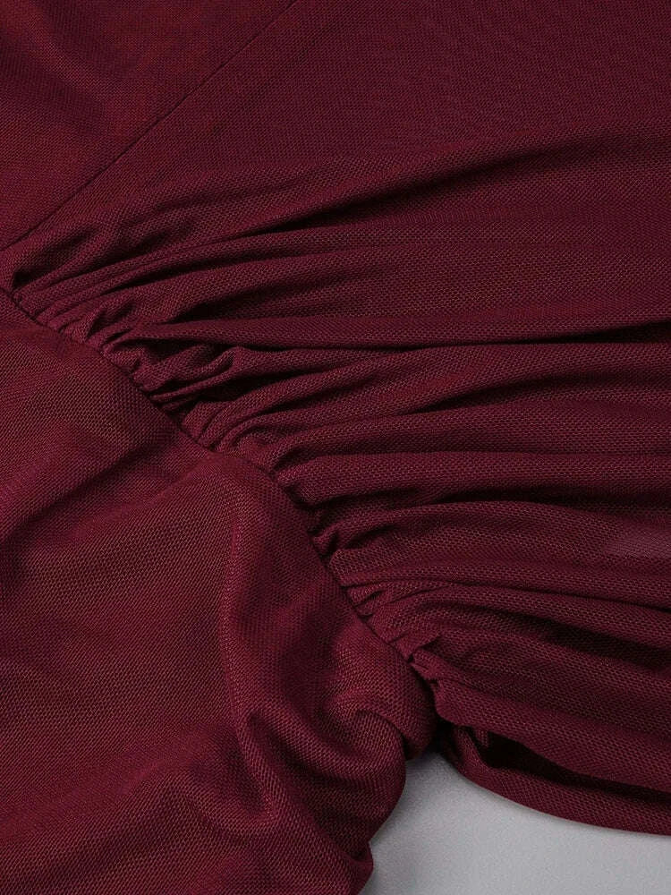 Sexy Long Sleeve O Neck Pleated Draped Long Dress Women Burgundy Mesh Patchwork Folds Slim Runway Celebrity Evening Party Gowns