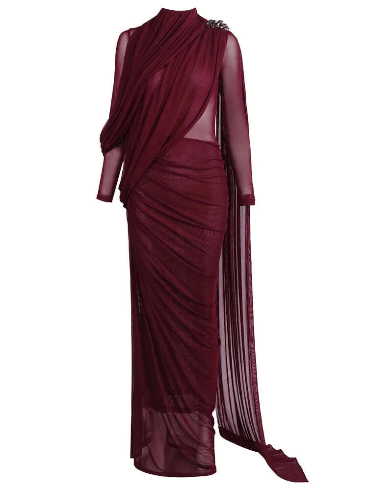 Sexy Long Sleeve O Neck Pleated Draped Long Dress Women Burgundy Mesh Patchwork Folds Slim Runway Celebrity Evening Party Gowns