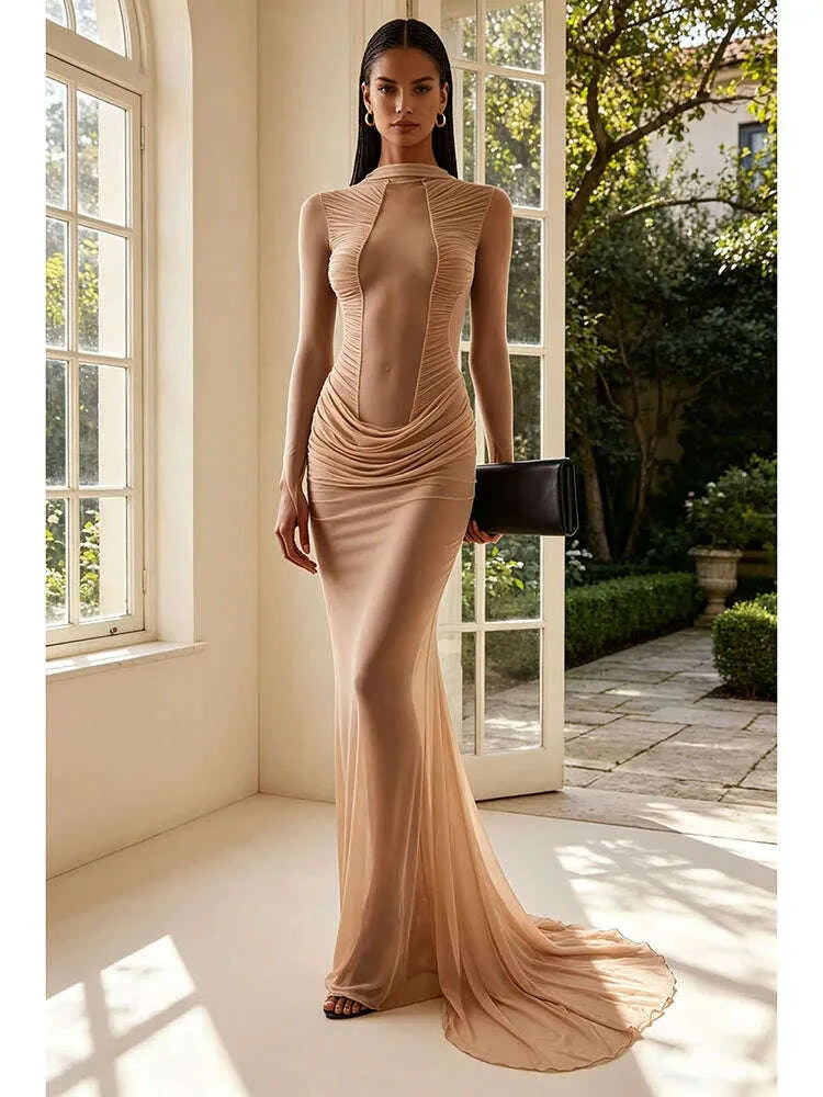Sexy Long Sleeve Tulle Sheer Gathered Maxi Dress for Women Beige O Neck Mesh Folds See Though Slim Runway Evening Party Gowns