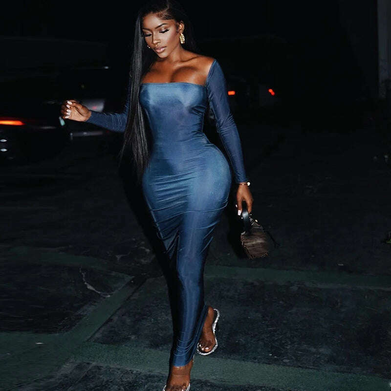 KIMLUD, Sexy Low Cut Slim Maxi Dress Women Long Sleeve Square Collar Elegant Party Vestido 2023 Spring Fall Harajuku Y2K Clothes, KIMLUD Womens Clothes