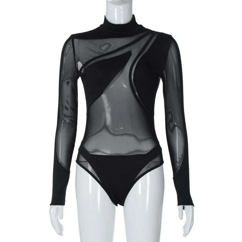 KIMLUD, Sexy Mesh Patchwork See Through Bodysuits Women Turtleneck Long Sleeve One Piece Rompers 2024 Spring Summer Birthday Clothes, black / S, KIMLUD APPAREL - Womens Clothes