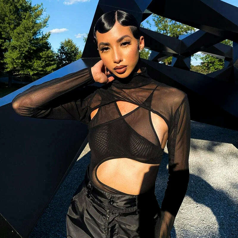 KIMLUD, Sexy Mesh Patchwork See Through Slim Bodysuits Women O Neck Long Sleeve Cut Out One Piece Rompers 2022 Spring Fall Outfits, black / S, KIMLUD APPAREL - Womens Clothes