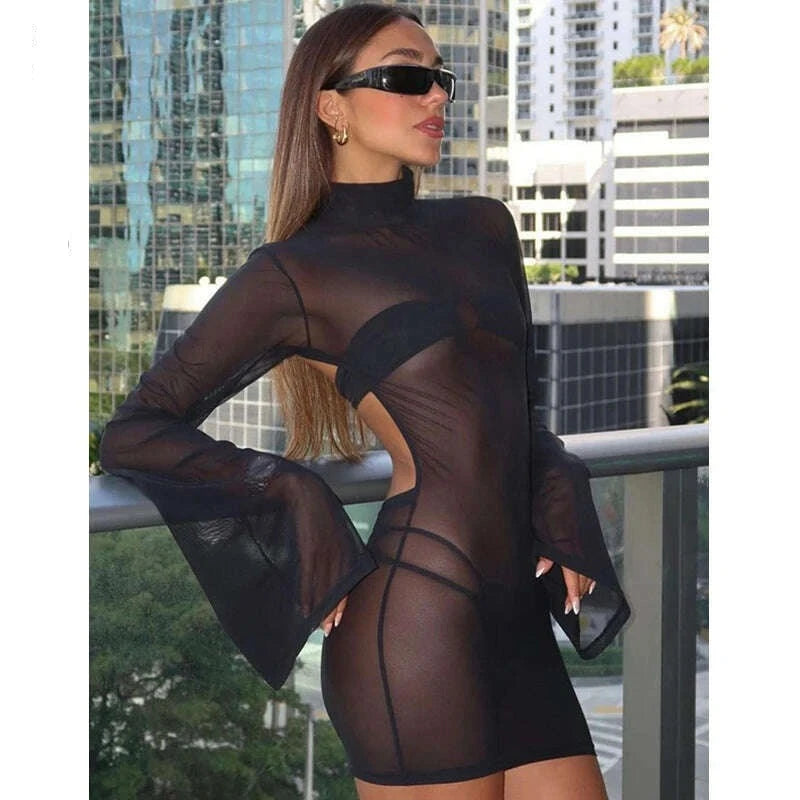 KIMLUD, Sexy Mesh See Through Backless Mini Dress Women Flare Long Sleeve Beach Cover Ups 2023 Summer Night Club Y2K Clothes, KIMLUD Womens Clothes
