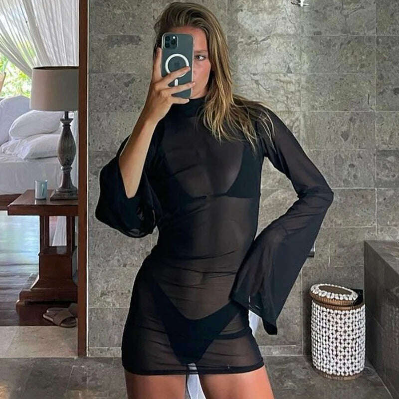 KIMLUD, Sexy Mesh See Through Backless Mini Dress Women Flare Long Sleeve Beach Cover Ups 2023 Summer Night Club Y2K Clothes, KIMLUD Womens Clothes