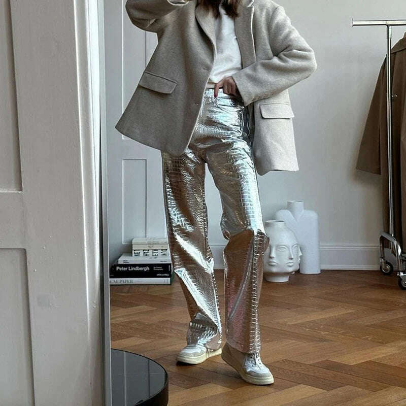 Sexy Metallic Silver Faux Leather Pants Women High Waist Hip Hop Straight Pants Streetwear Y2K Clothes Night Club Wear 2023 Fall - KIMLUD