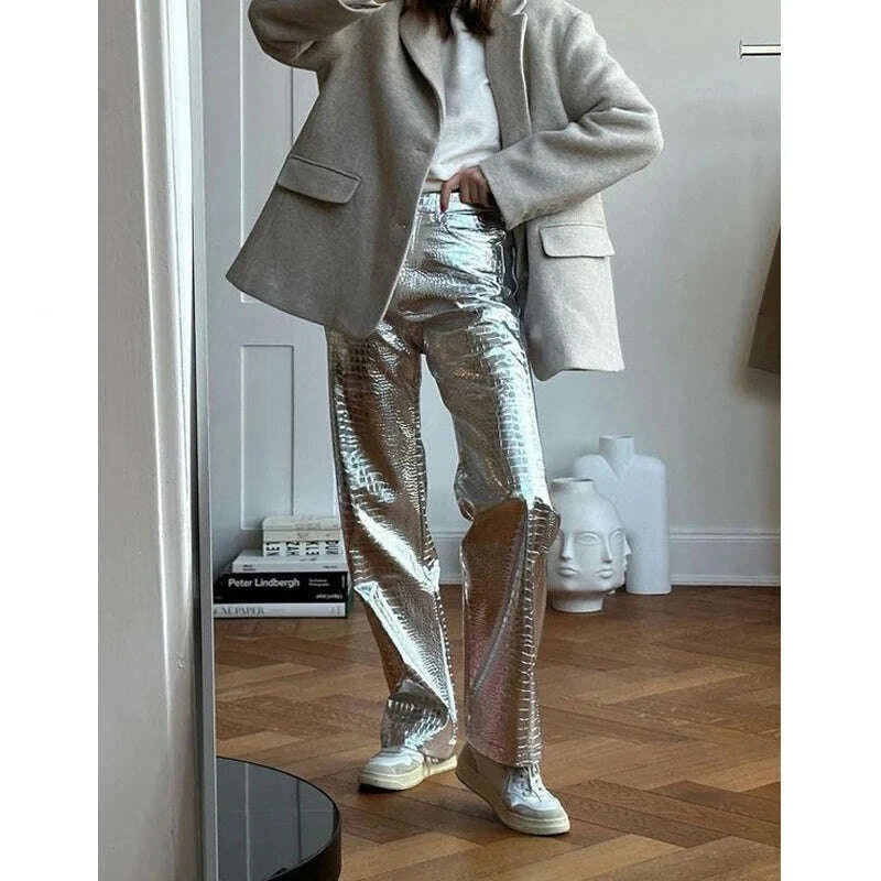 Sexy Metallic Silver Faux Leather Pants Women High Waist Hip Hop Straight Pants Streetwear Y2K Clothes Night Club Wear 2023 Fall - KIMLUD