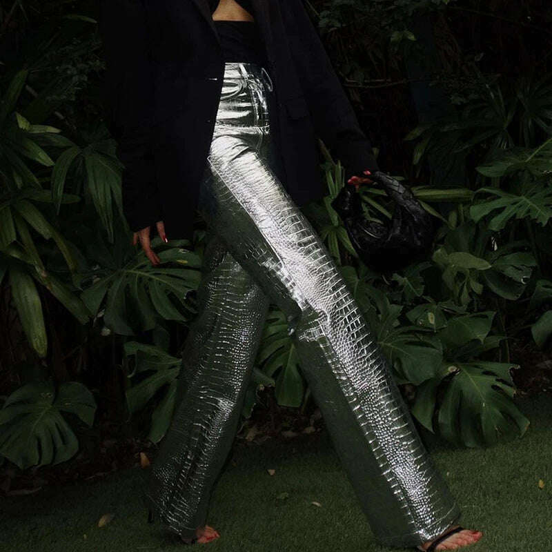 Sexy Metallic Silver Faux Leather Pants Women High Waist Hip Hop Straight Pants Streetwear Y2K Clothes Night Club Wear 2023 Fall - KIMLUD