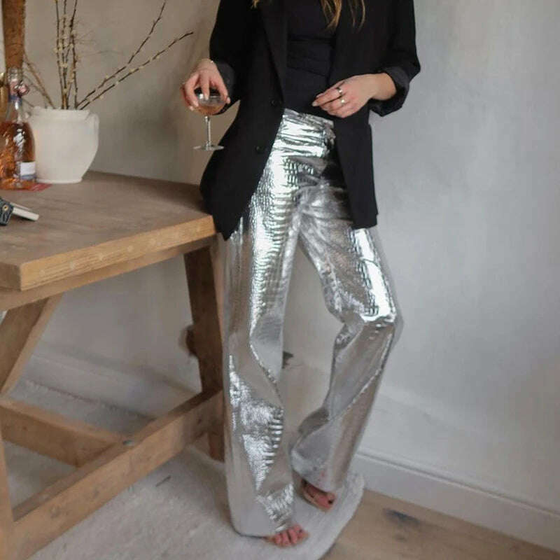 Sexy Metallic Silver Faux Leather Pants Women High Waist Hip Hop Straight Pants Streetwear Y2K Clothes Night Club Wear 2023 Fall - KIMLUD