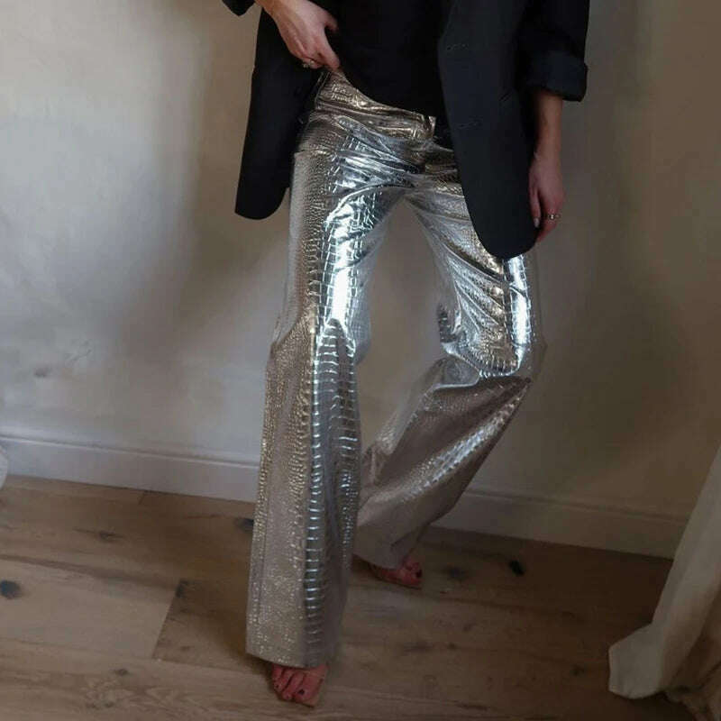 Sexy Metallic Silver Faux Leather Pants Women High Waist Hip Hop Straight Pants Streetwear Y2K Clothes Night Club Wear 2023 Fall - KIMLUD