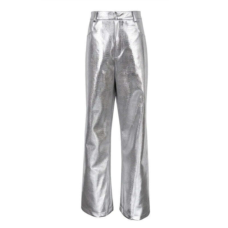 Sexy Metallic Silver Faux Leather Pants Women High Waist Hip Hop Straight Pants Streetwear Y2K Clothes Night Club Wear 2023 Fall - KIMLUD