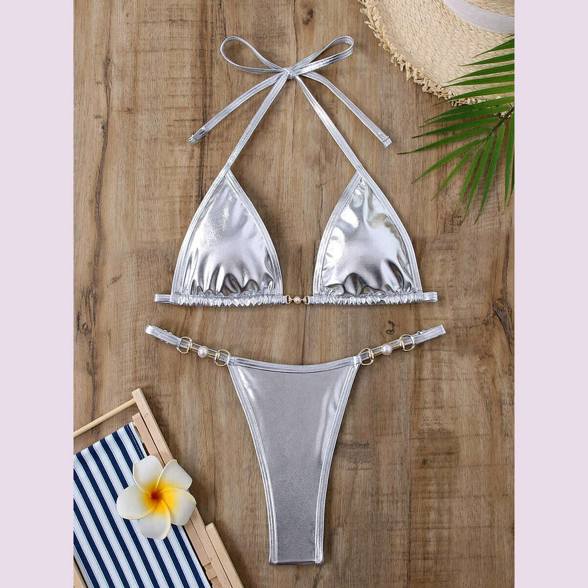 KIMLUD, Sexy Micro Bikini 2024 Women Swimwear Metallic Halter Triangle Bikinis Sets Thong Swimsuit Female Bathing Suit Brazilian Biquini, KIMLUD Womens Clothes