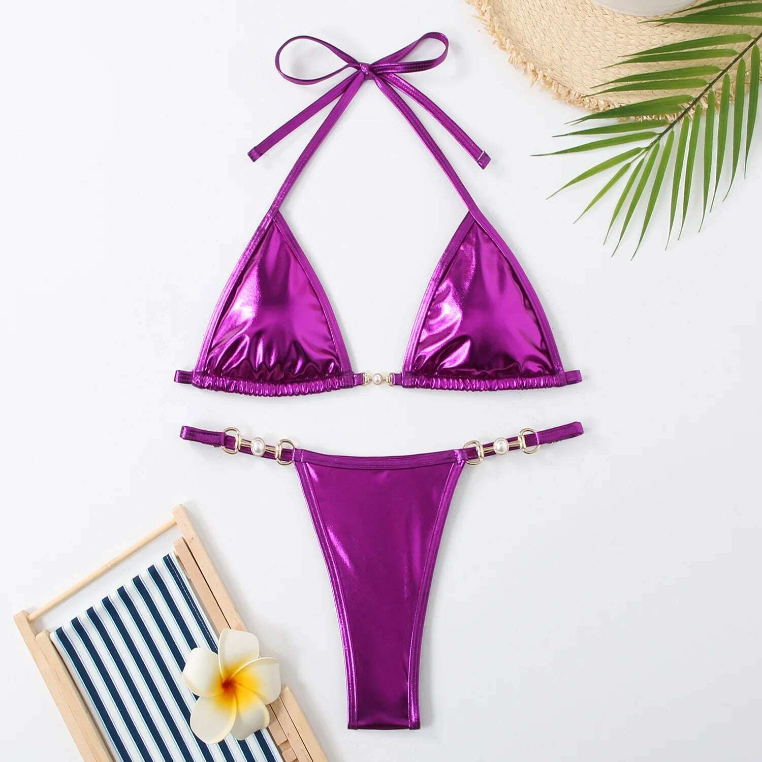 KIMLUD, Sexy Micro Bikini 2024 Women Swimwear Metallic Halter Triangle Bikinis Sets Thong Swimsuit Female Bathing Suit Brazilian Biquini, PURPLE / M, KIMLUD APPAREL - Womens Clothes