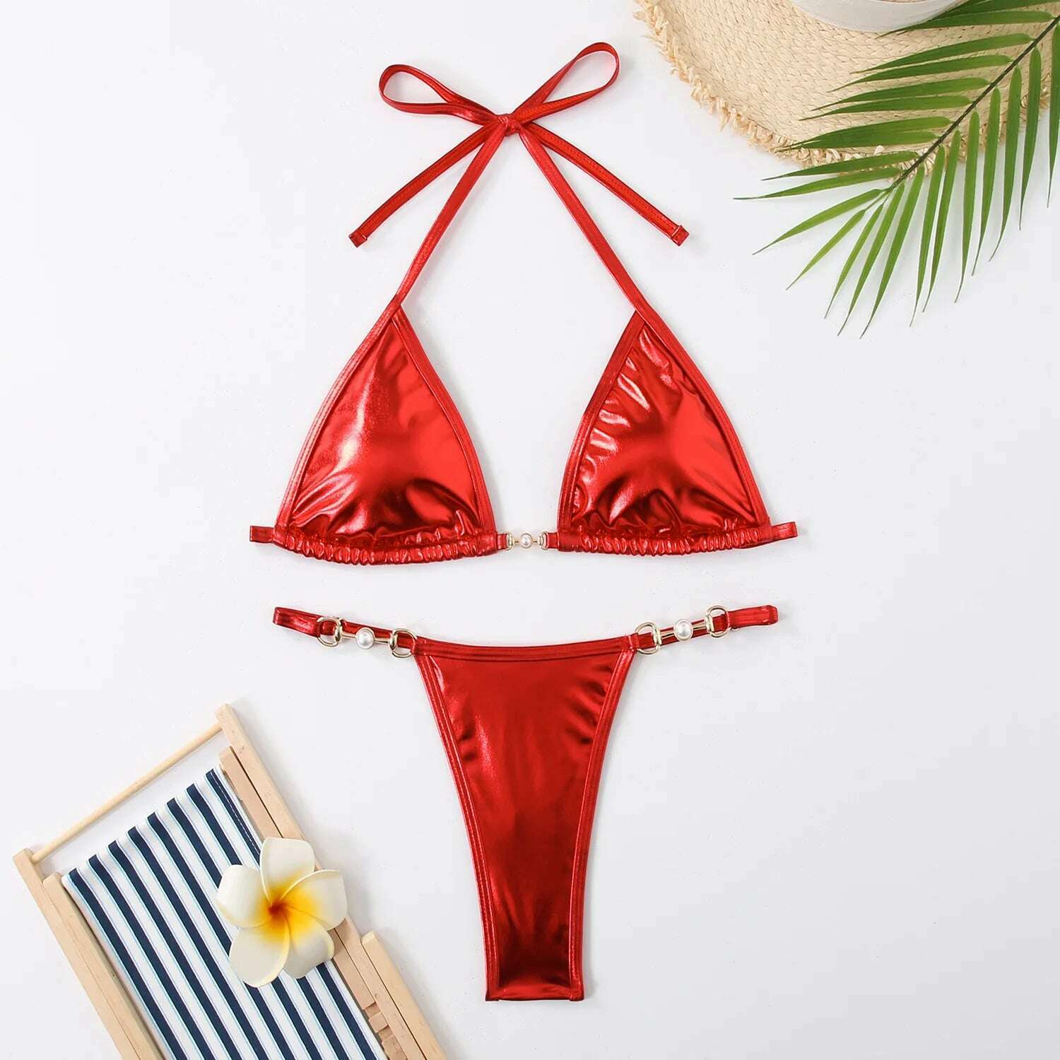 KIMLUD, Sexy Micro Bikini 2024 Women Swimwear Metallic Halter Triangle Bikinis Sets Thong Swimsuit Female Bathing Suit Brazilian Biquini, Red / L, KIMLUD APPAREL - Womens Clothes