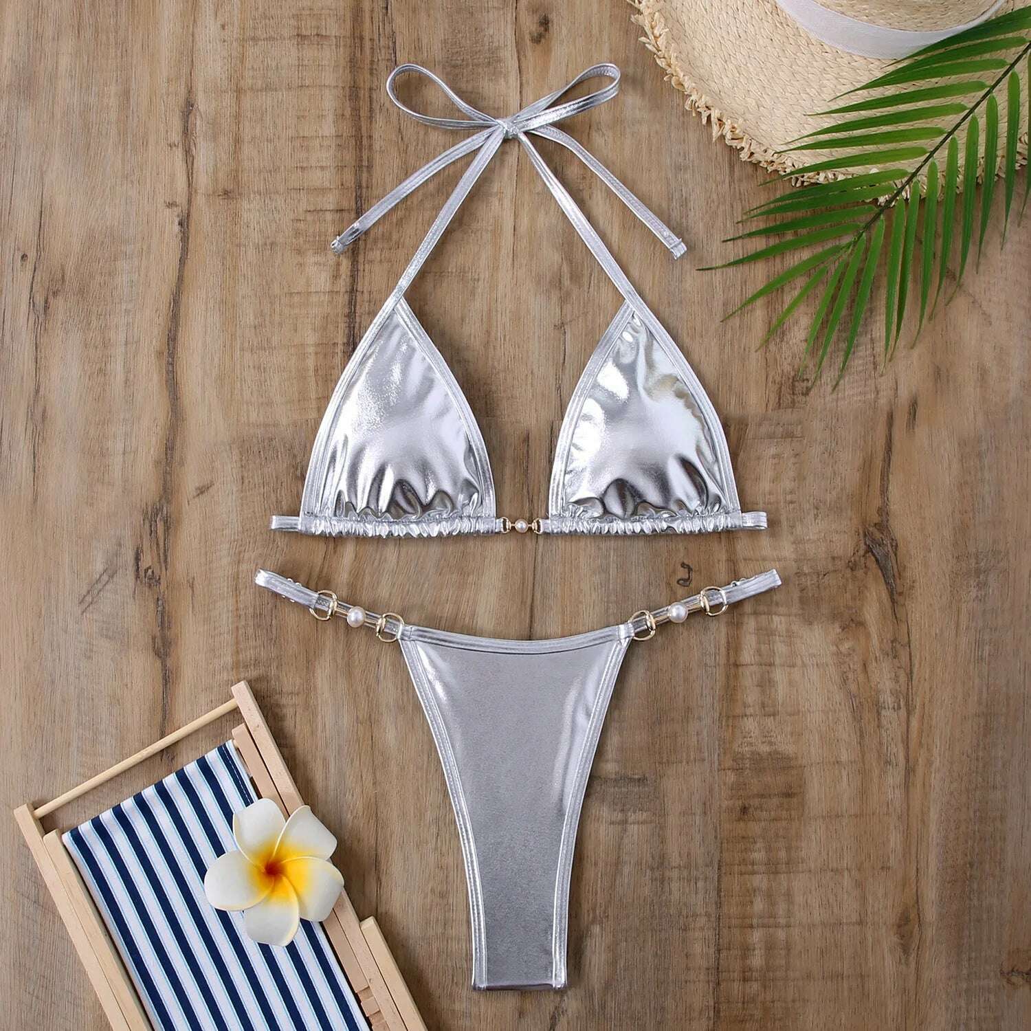 KIMLUD, Sexy Micro Bikini 2024 Women Swimwear Metallic Halter Triangle Bikinis Sets Thong Swimsuit Female Bathing Suit Brazilian Biquini, Silver / L, KIMLUD APPAREL - Womens Clothes
