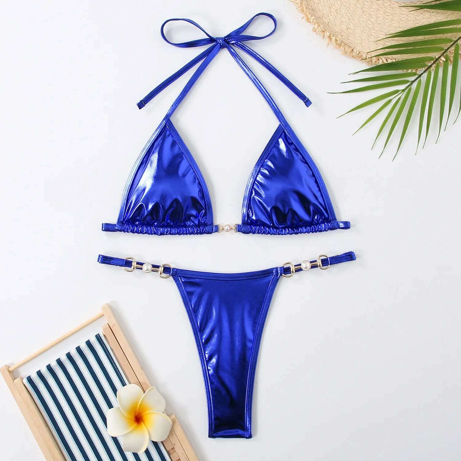 KIMLUD, Sexy Micro Bikini 2024 Women Swimwear Metallic Halter Triangle Bikinis Sets Thong Swimsuit Female Bathing Suit Brazilian Biquini, Blue / M, KIMLUD APPAREL - Womens Clothes