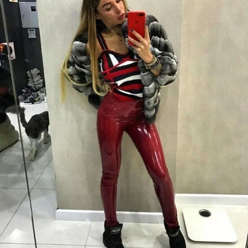 KIMLUD, Sexy Mirror PU Shiny Leather Pants Women's Elastic High Waist Pants Shinny Slim Pencil Trousers Sexy Nightclub Leather Pants, KIMLUD Womens Clothes