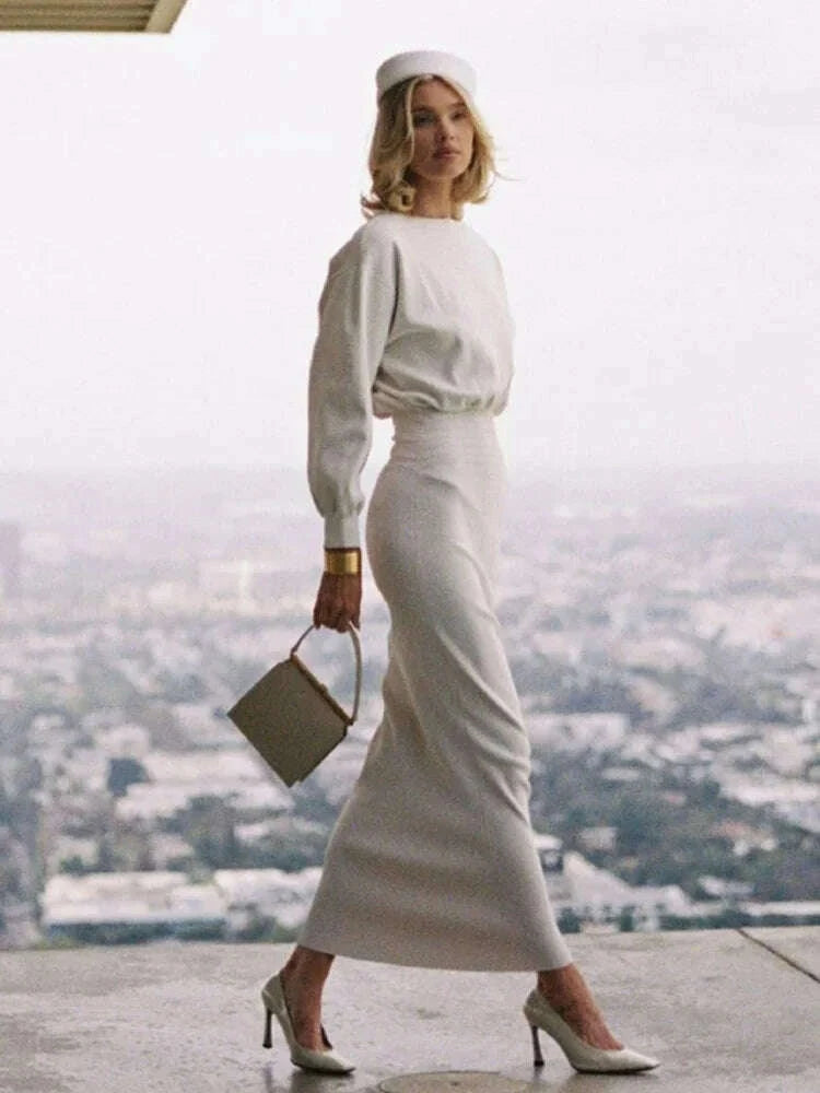 Sexy O Neck Long Sleeve Patchwork Maxi Bandage Dress Women White Winter Bodycon Long Runway Evening Club Party Dresses Outfits