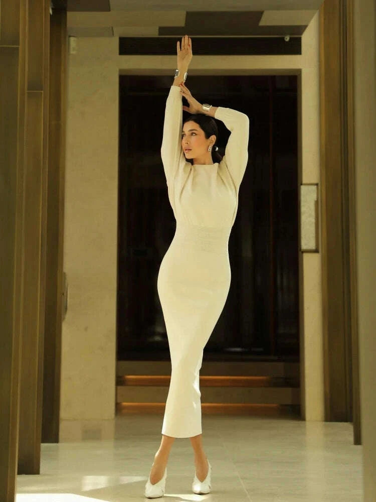 Sexy O Neck Long Sleeve Patchwork Maxi Bandage Dress Women White Winter Bodycon Long Runway Evening Club Party Dresses Outfits