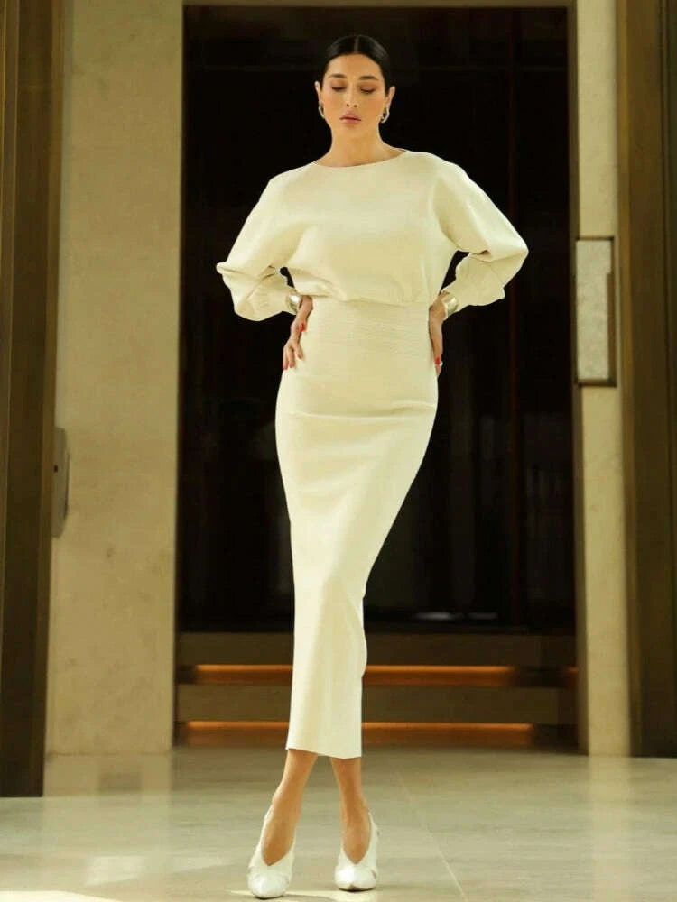 Sexy O Neck Long Sleeve Patchwork Maxi Bandage Dress Women White Winter Bodycon Long Runway Evening Club Party Dresses Outfits