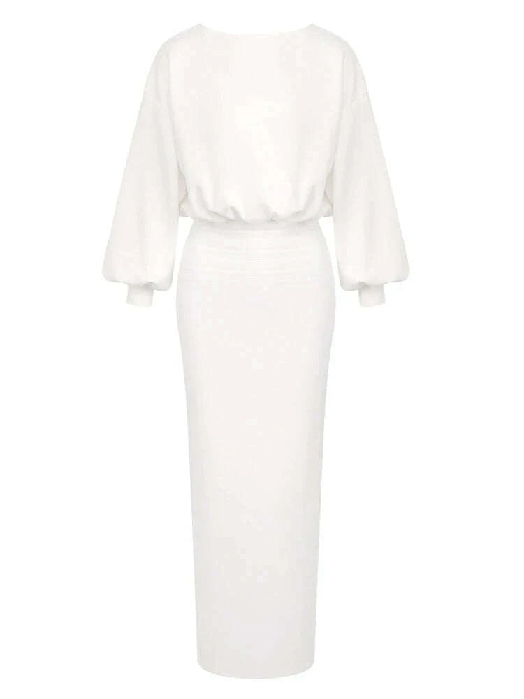 Sexy O Neck Long Sleeve Patchwork Maxi Bandage Dress Women White Winter Bodycon Long Runway Evening Club Party Dresses Outfits