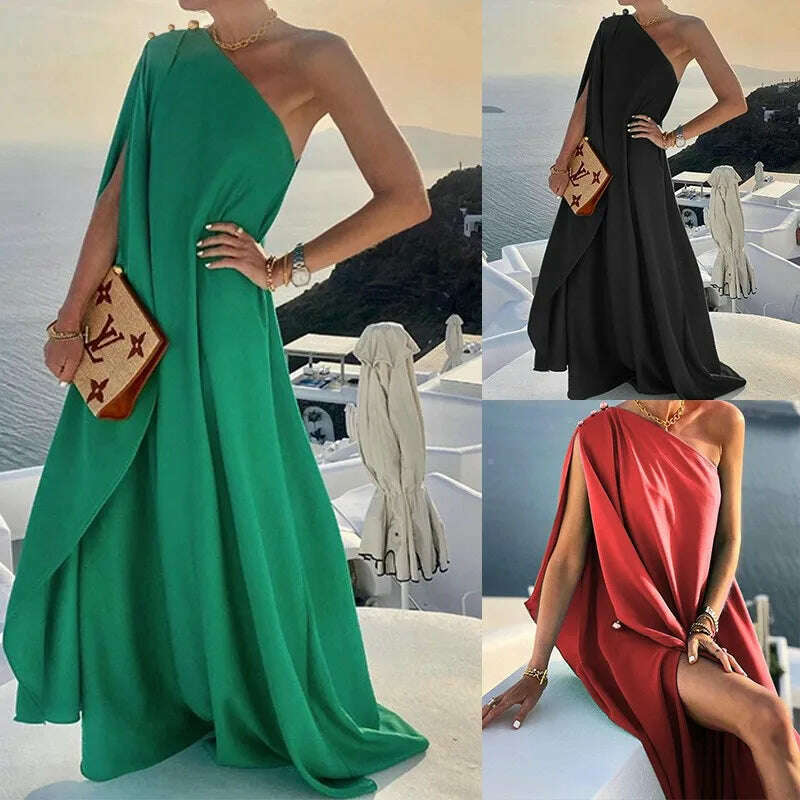 KIMLUD, Sexy Off Shoulder Boho Beach Maxi Dress Women Elegant One Shoulder Loose Party Dresses Summer Fashion Button Solid Dress Vestido, KIMLUD Womens Clothes