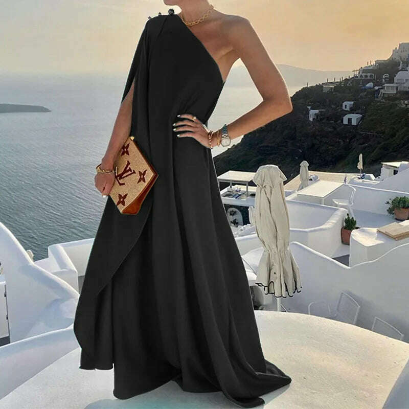KIMLUD, Sexy Off Shoulder Boho Beach Maxi Dress Women Elegant One Shoulder Loose Party Dresses Summer Fashion Button Solid Dress Vestido, black / S, KIMLUD APPAREL - Womens Clothes