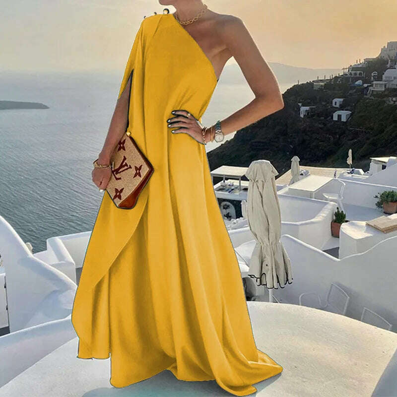 KIMLUD, Sexy Off Shoulder Boho Beach Maxi Dress Women Elegant One Shoulder Loose Party Dresses Summer Fashion Button Solid Dress Vestido, yellow / S, KIMLUD APPAREL - Womens Clothes