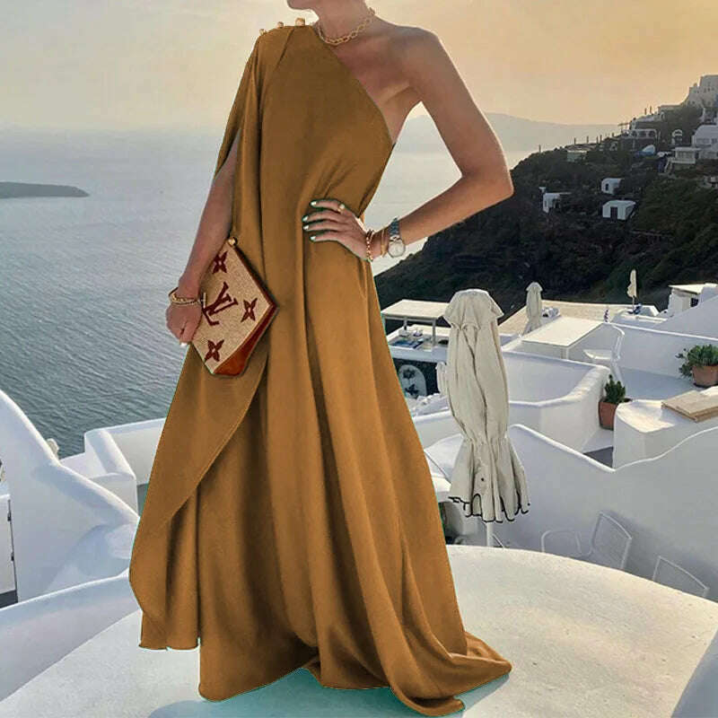 KIMLUD, Sexy Off Shoulder Boho Beach Maxi Dress Women Elegant One Shoulder Loose Party Dresses Summer Fashion Button Solid Dress Vestido, brown / S, KIMLUD APPAREL - Womens Clothes