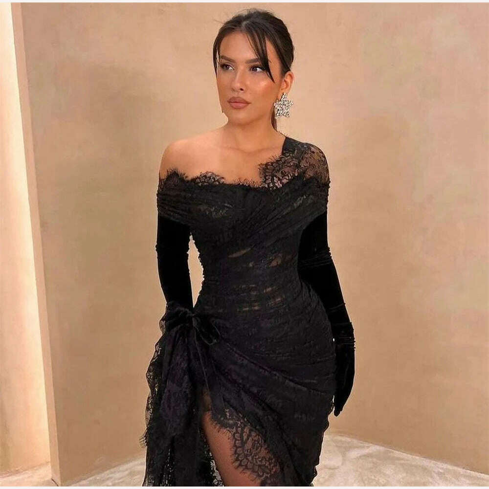 Sexy Off-the-shoulder Sheath Celebrity Party lace Flowers Fold Prom Dresses vestidos de fiesta elegantes para mujer 2023 - KIMLUD