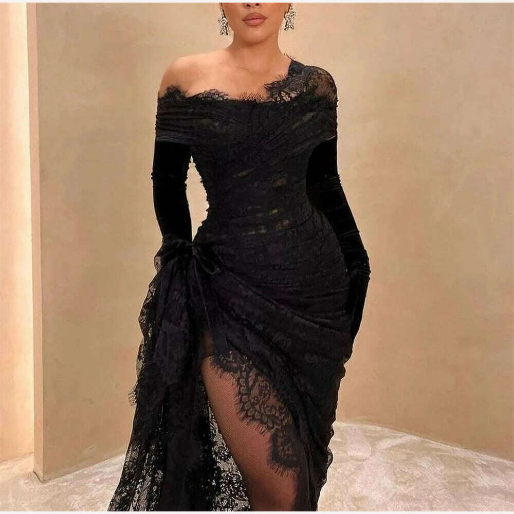 Sexy Off-the-shoulder Sheath Celebrity Party lace Flowers Fold Prom Dresses vestidos de fiesta elegantes para mujer 2023 - KIMLUD