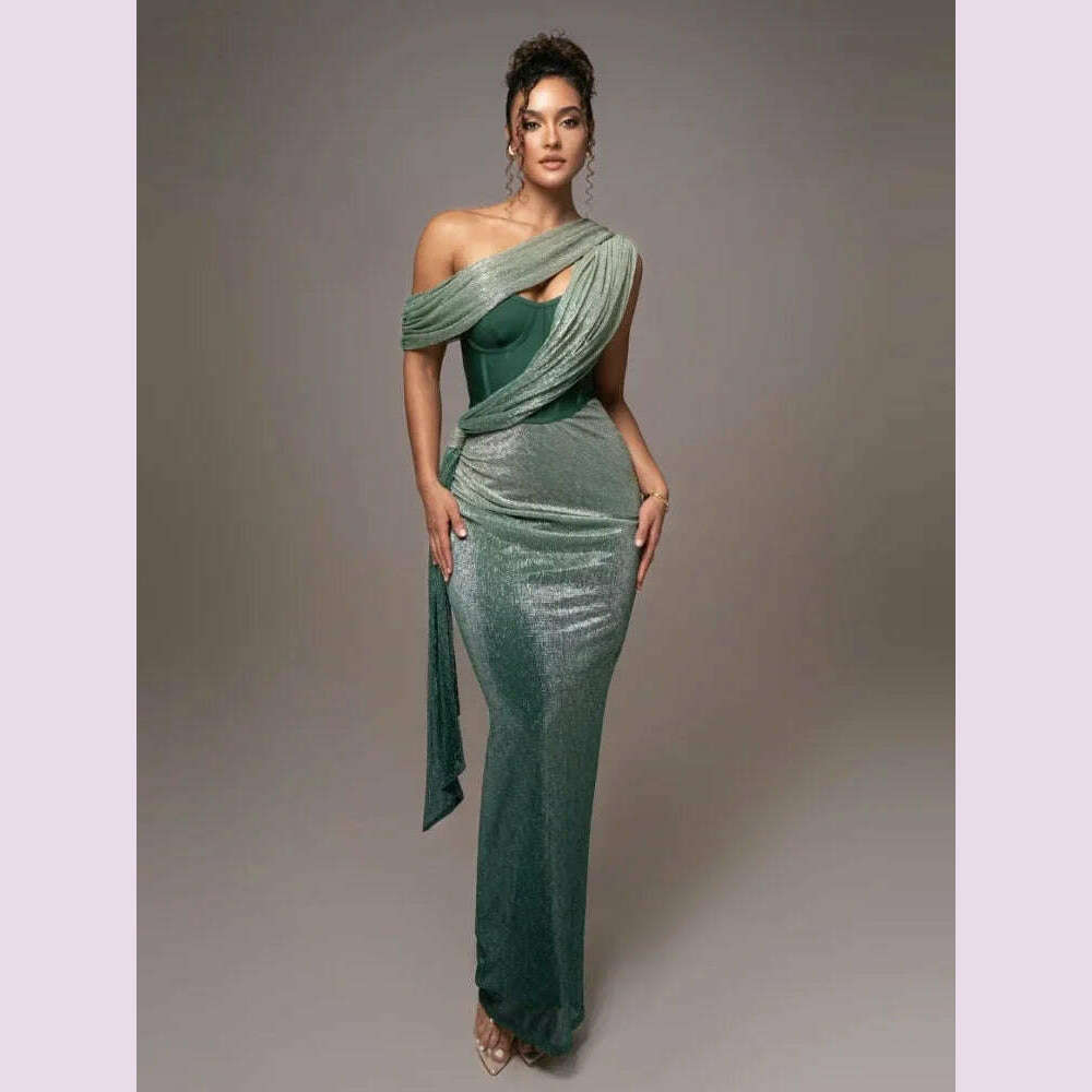 Sexy One Shoulder Draped Glitter Long Dress Women Brown Corset Sparkly  Backless Bodycon Maxi Dresses Evening Party Gowns