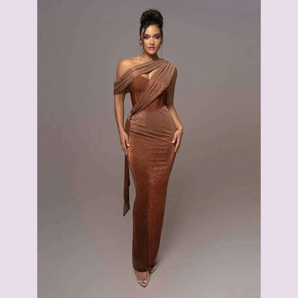 KIMLUD, Sexy One Shoulder Draped Glitter Long Dress Women Brown Corset Sparkly Backless Bodycon Maxi Dresses Evening Party Gowns, KIMLUD Womens Clothes