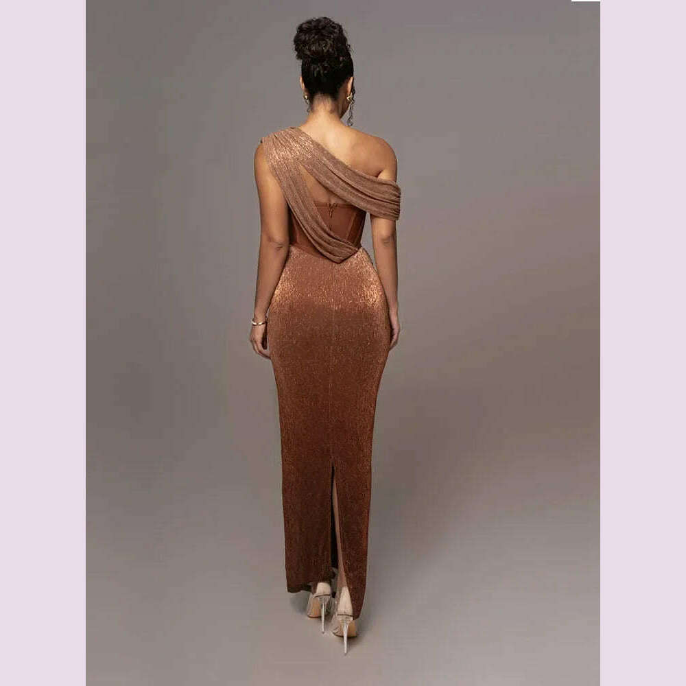 KIMLUD, Sexy One Shoulder Draped Glitter Long Dress Women Brown Corset Sparkly Backless Bodycon Maxi Dresses Evening Party Gowns, KIMLUD Womens Clothes