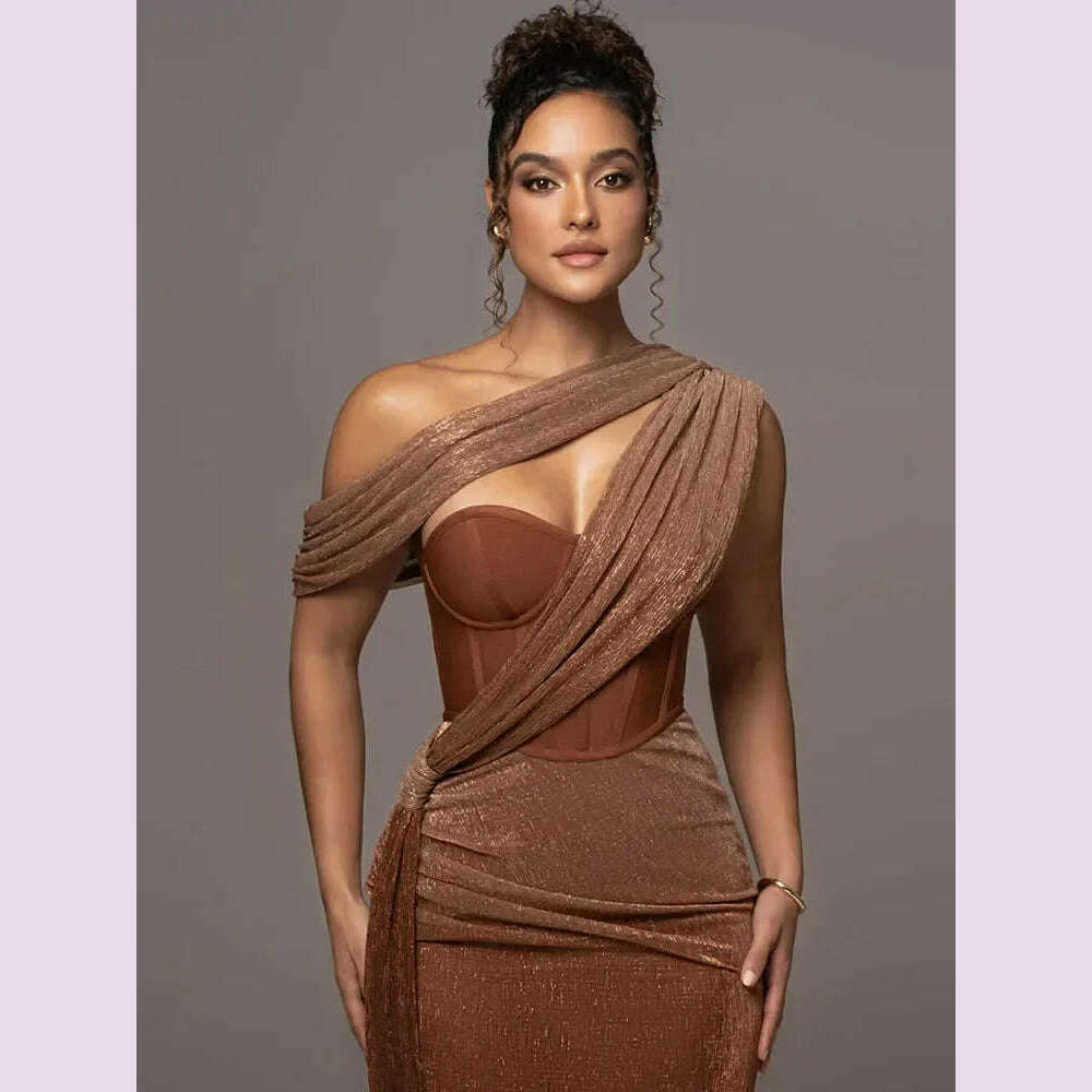 KIMLUD, Sexy One Shoulder Draped Glitter Long Dress Women Brown Corset Sparkly Backless Bodycon Maxi Dresses Evening Party Gowns, KIMLUD Womens Clothes