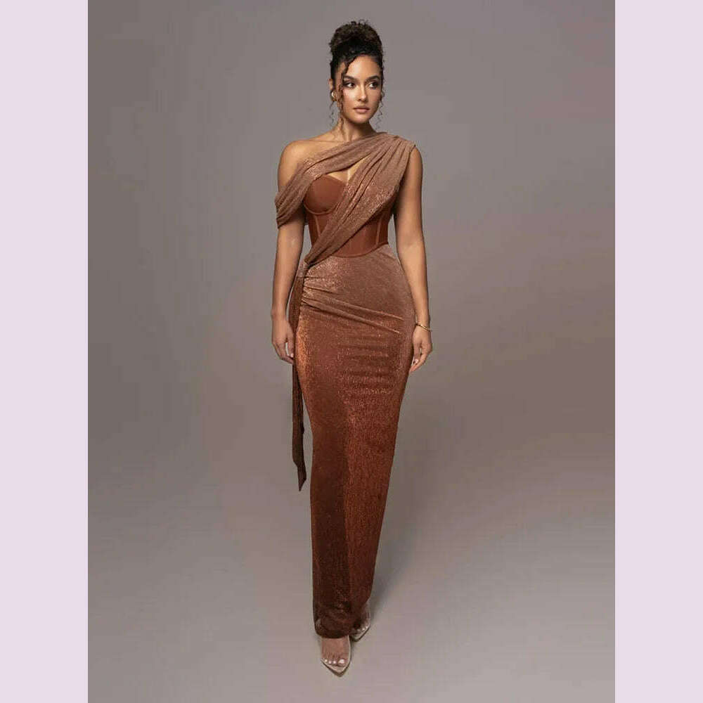 KIMLUD, Sexy One Shoulder Draped Glitter Long Dress Women Brown Corset Sparkly Backless Bodycon Maxi Dresses Evening Party Gowns, KIMLUD Womens Clothes