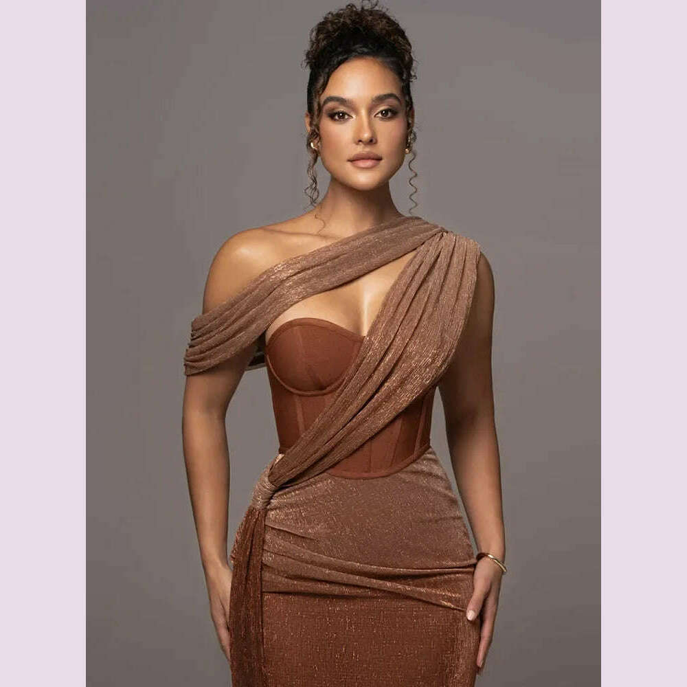 KIMLUD, Sexy One Shoulder Draped Glitter Long Dress Women Brown Corset Sparkly Backless Bodycon Maxi Dresses Evening Party Gowns, KIMLUD Womens Clothes