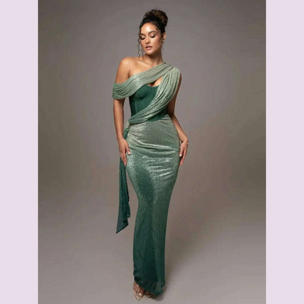 KIMLUD, Sexy One Shoulder Draped Glitter Long Dress Women Brown Corset Sparkly Backless Bodycon Maxi Dresses Evening Party Gowns, green / L, KIMLUD APPAREL - Womens Clothes
