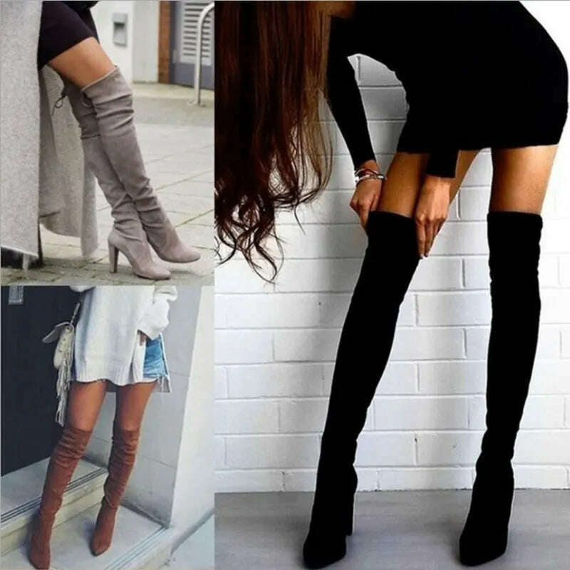 KIMLUD, Sexy Party Boots Fashion Suede Leather Shoes Women Over the Knee Heels Boots Stretch Flock Winter High Boots botas Drop Shipping, KIMLUD Womens Clothes