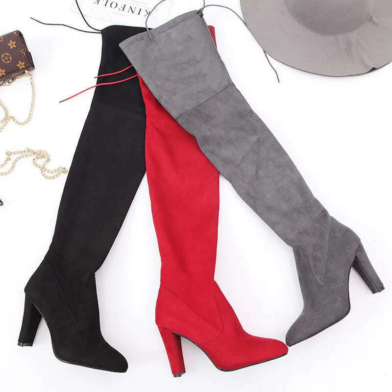 KIMLUD, Sexy Party Boots Fashion Suede Leather Shoes Women Over the Knee Heels Boots Stretch Flock Winter High Boots botas Drop Shipping, KIMLUD Womens Clothes