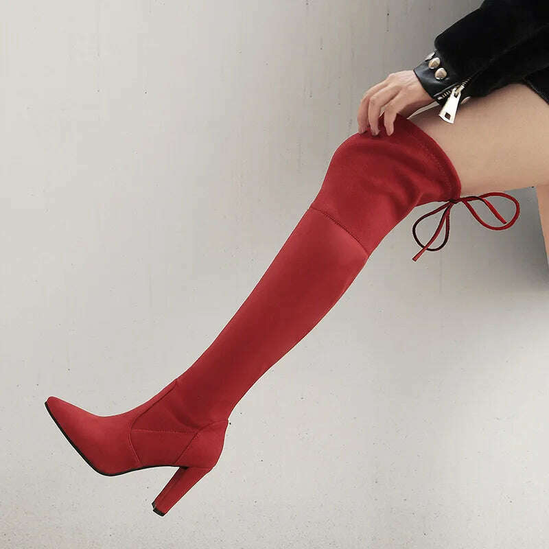 KIMLUD, Sexy Party Boots Fashion Suede Leather Shoes Women Over the Knee Heels Boots Stretch Flock Winter High Boots botas Drop Shipping, KIMLUD Womens Clothes