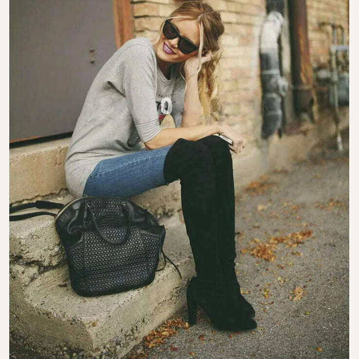 KIMLUD, Sexy Party Boots Fashion Suede Leather Shoes Women Over the Knee Heels Boots Stretch Flock Winter High Boots botas Drop Shipping, KIMLUD Womens Clothes